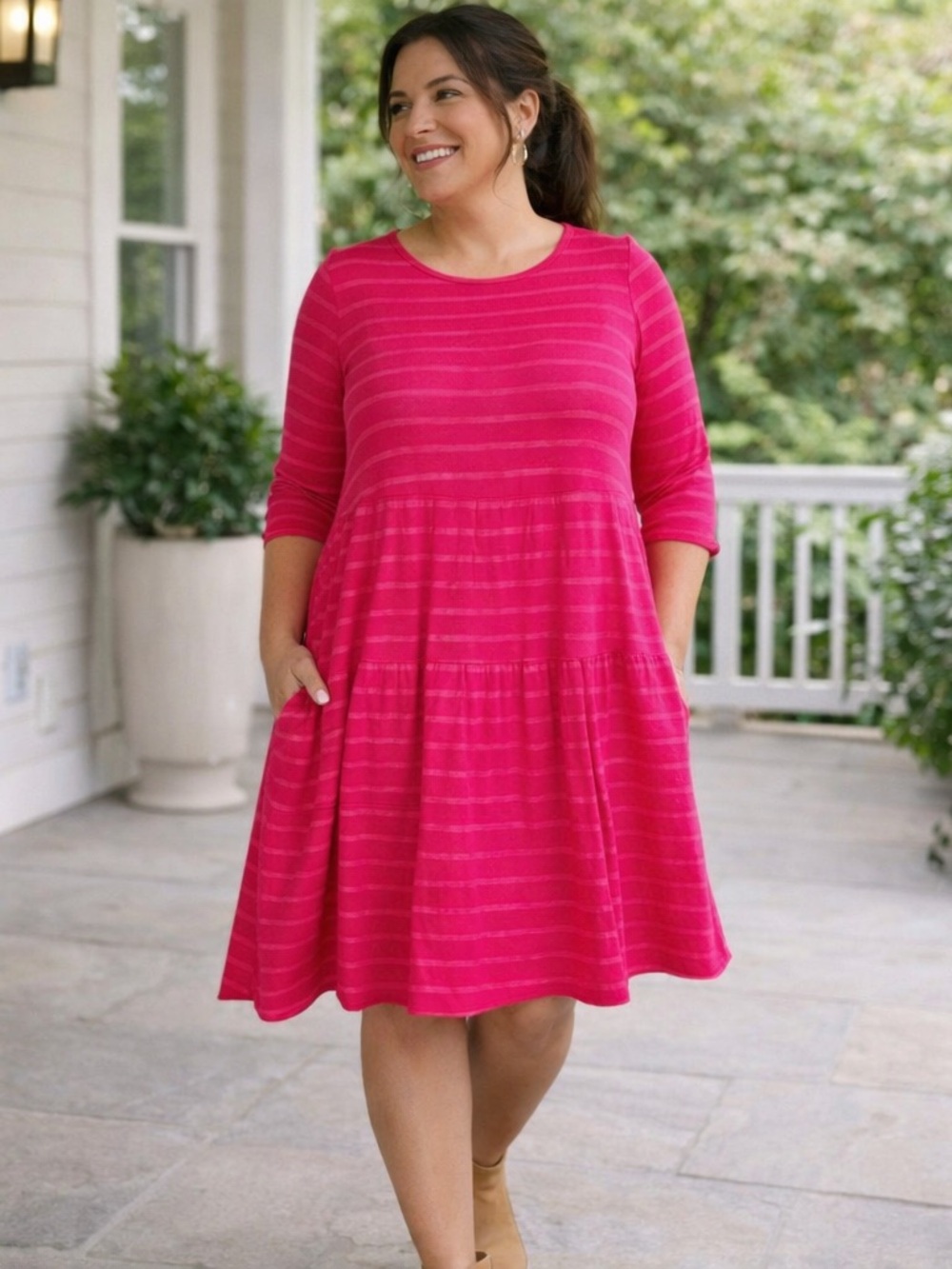 Agnes & Dora Red Muted Stripe Dress Relaxed Fit Pockets Long Sleeve Pullover